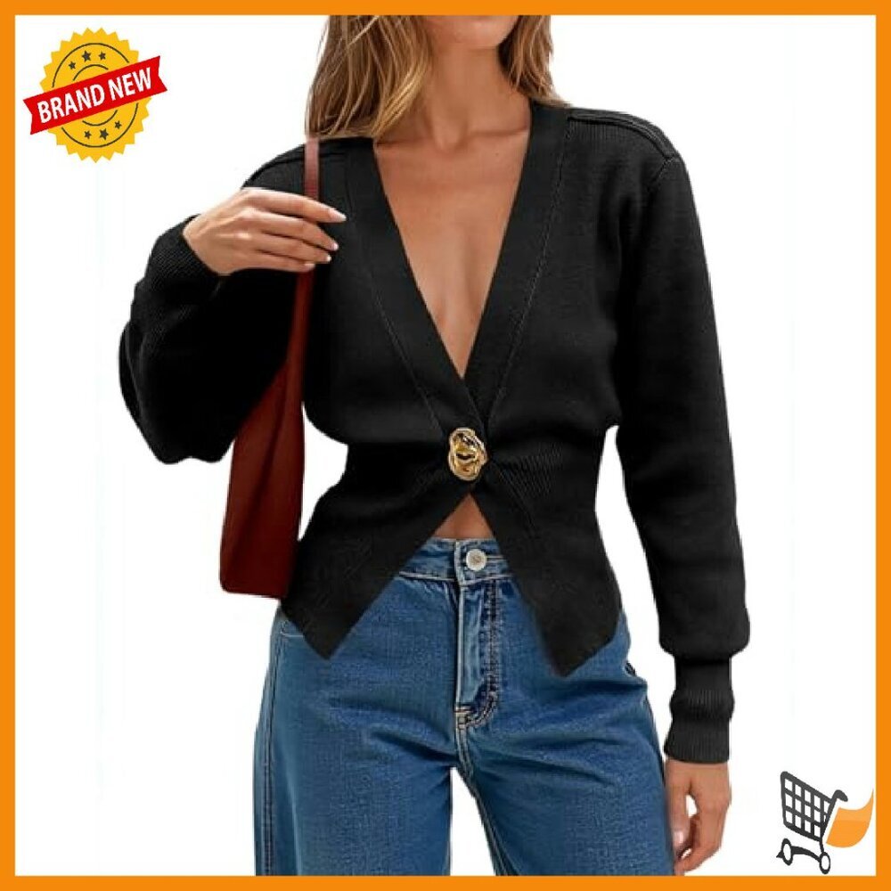 Soft V-Neck Knit Cardigan Long Sleeve Button Down Sweater Women's Fall Outerwear - Picture 2 of 8